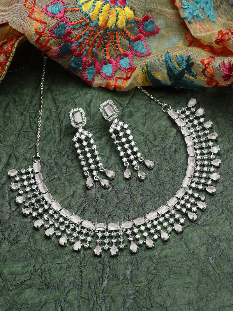 Rhodium-Plated with Silver-Tone Pink & White American Diamond Studded Jewellery Set
