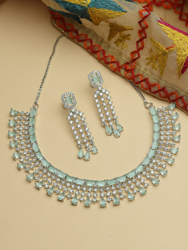 Rhodium-Plated with Silver-Tone Sea Green American Diamonds-Studded Handcrafted Jewellery Set