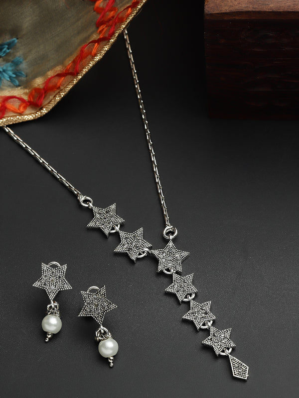 Rhodium-Plated with Silver-Tone Silver CZ Studded Handcrafted Jewellery Set