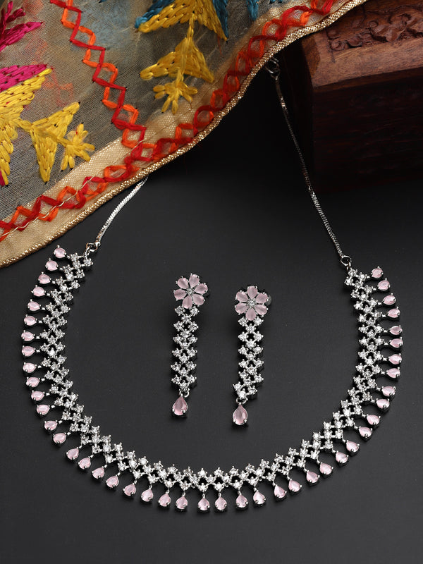 Rhodium-Plated with Silver-Tone Pink American Diamond-Studded Jewellery Set