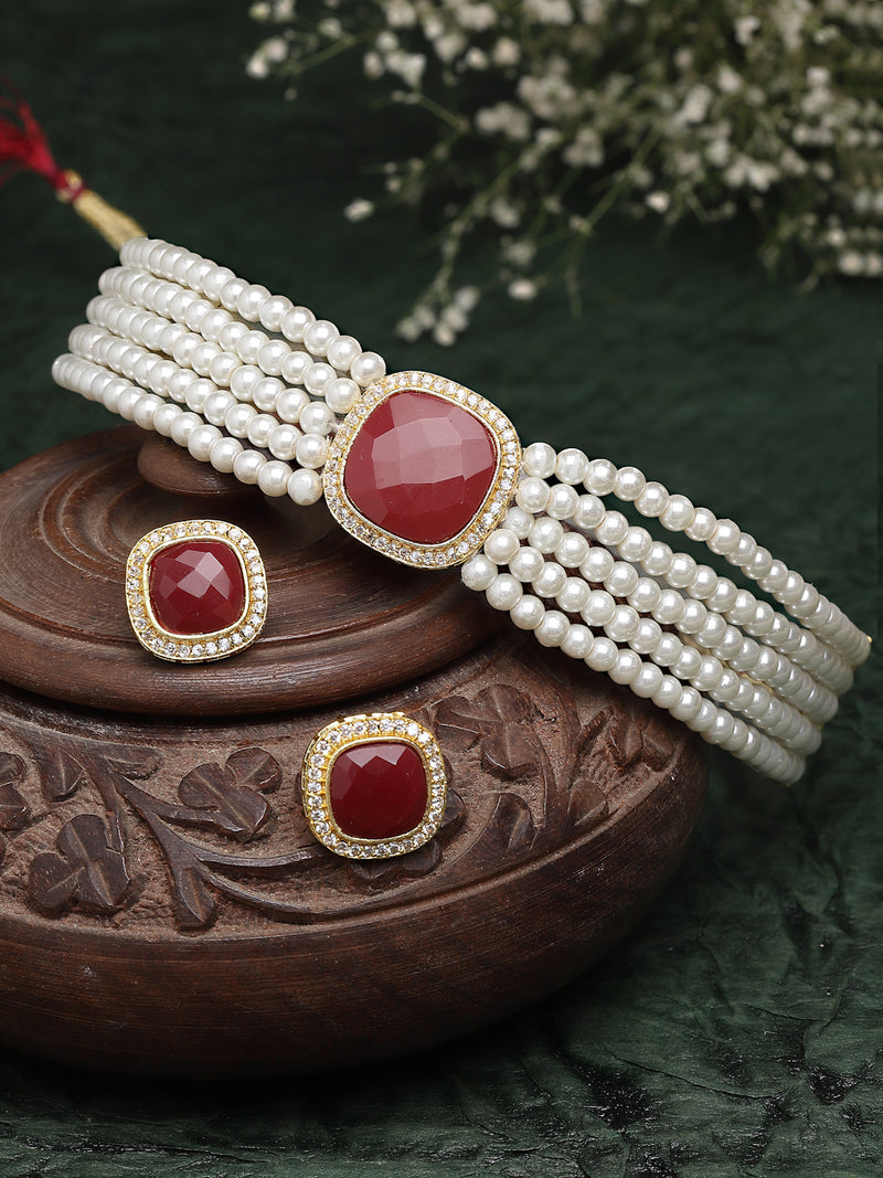 Red & White Gold-Plated Pearls & Stone Studded Jewellery Set