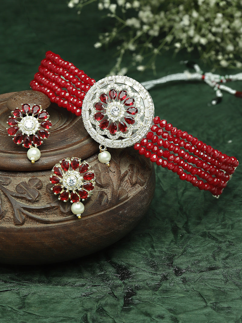 Rhodium-Plated with Silver-Tone Red Stone Studded Jewellery Set