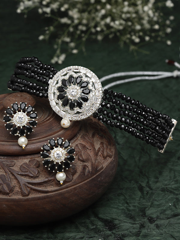 Rhodium-Plated with Oxidized Silver-Tone Black & White Stones-Studded & Pearl-Beaded Jewellery Set
