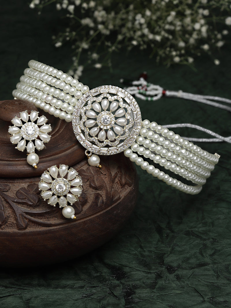 Rhodium-Plated with Silver-Tone White Stone-Studded Pearl-Beaded Jewellery Set