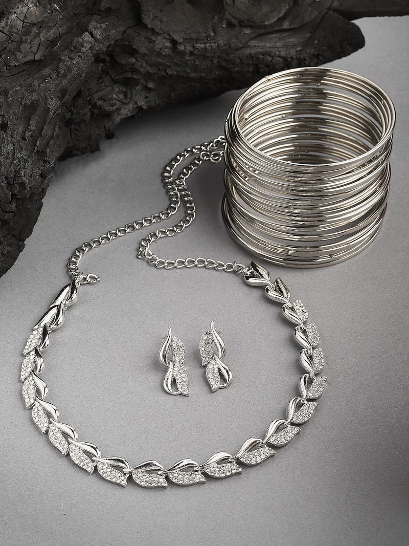 Leaf Shaped Silver-Plated & White American Diamond Studded Jewellery Set Combo