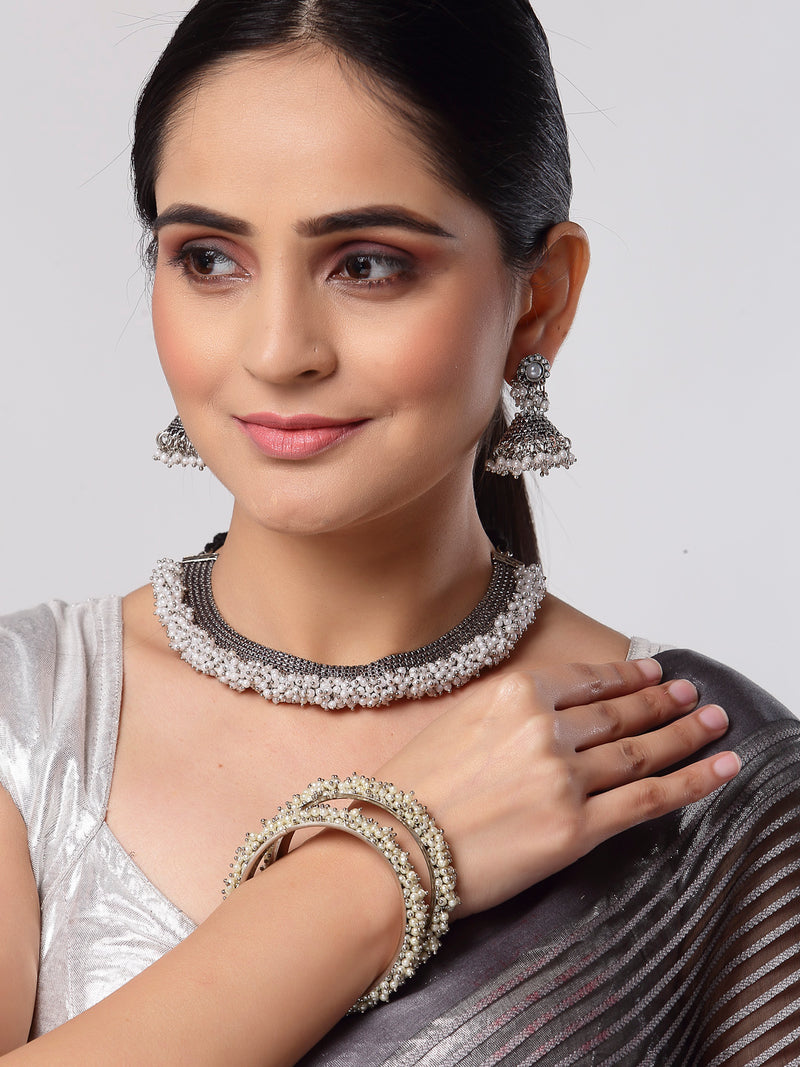 Rhodium-Plated with Oxidised Silver-Tone White Pearl Beaded Jewellery Set Combo