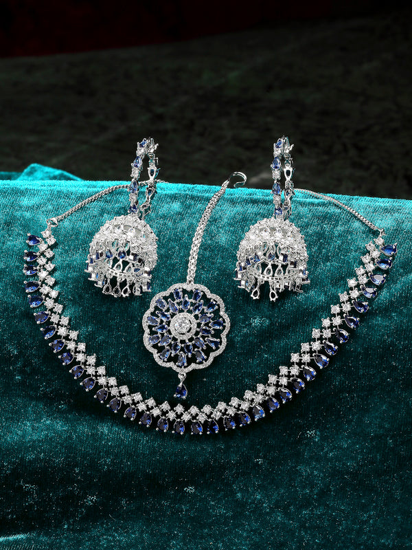 Rhodium-Plated with Silver-Tone Navy Blue & White American Diamond Stone-Studded Jewellery Set Combo