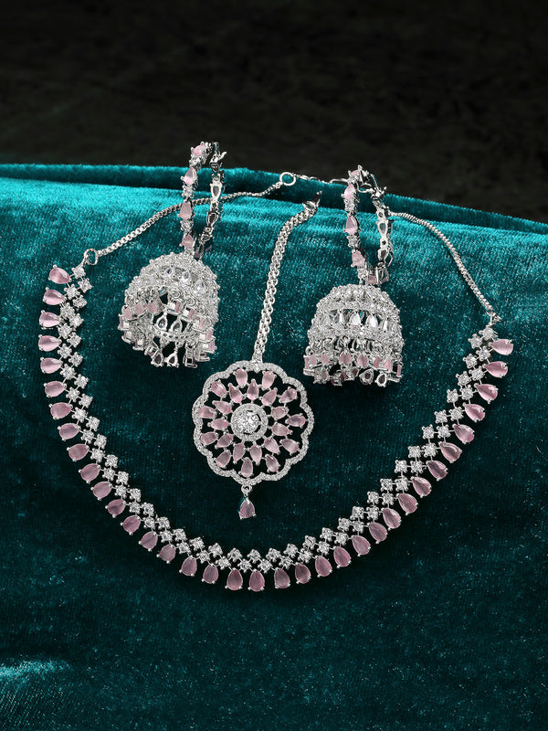 Rhodium-Plated with Silver-Tone & Pink American Diamond-Studded Jewellery Set Combo
