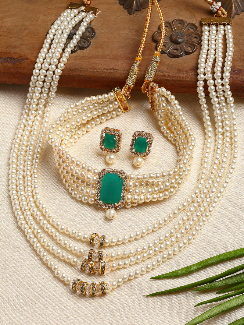 Gold-Plated Green Stone-Studded & Pearl Beaded Jewellery Set Combo