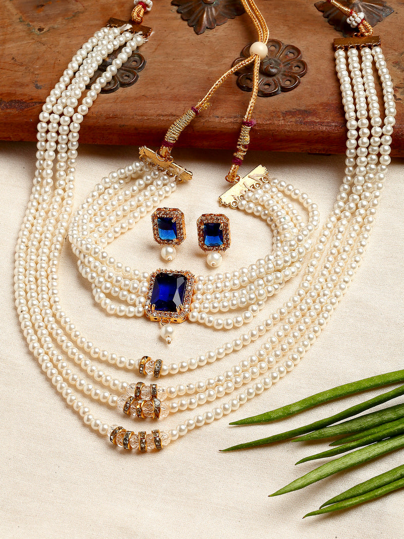 Gold-Plated Blue Stone-Studded & Pearl Beaded Layered Jewellery Set Combo