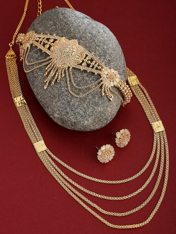 Gold-Plated Floral Intricate Textured Jewellery Set Combo