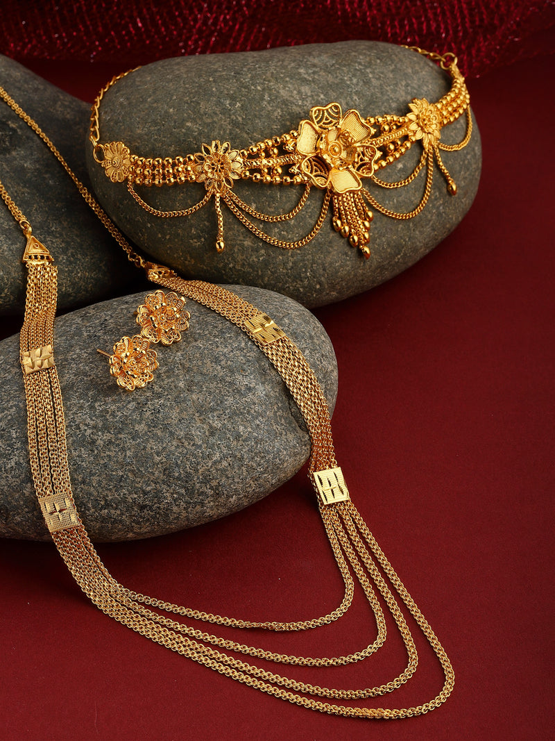 Gold-Plated Textured Floral Multi Layer Jewellery Set Combo