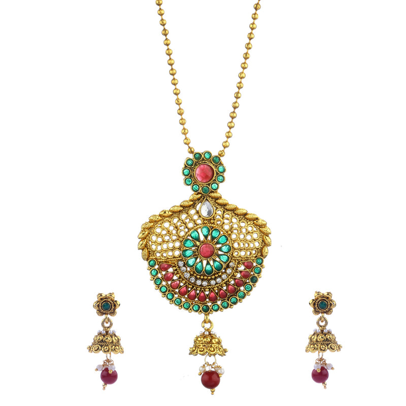 Gold Plated Antique Designer Kundan Studded Tradional Pendant With Earring Bridal Jewellery