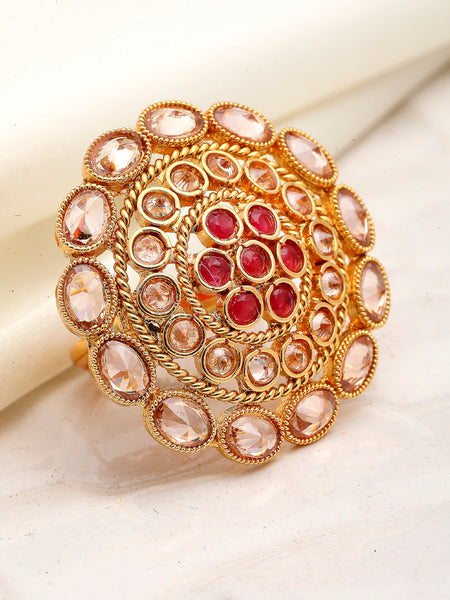 Gold-Plated & Red American Diamond Studded Adjustable Finger Ring