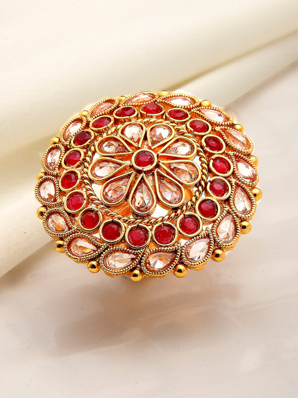 Gold-Plated White & Red American Diamond Studded Finger Ring