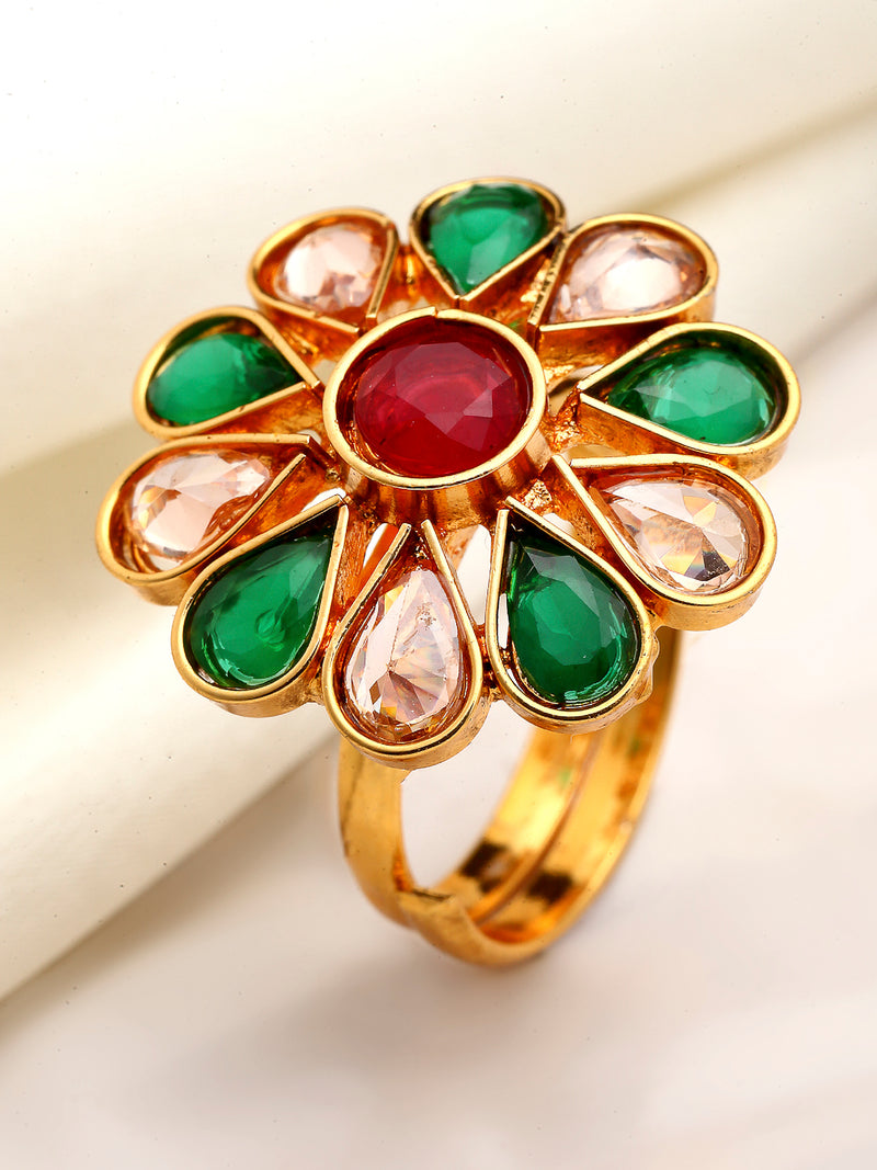 Gold-Plated Green And Pink American Diamond-Studded Finger Ring
